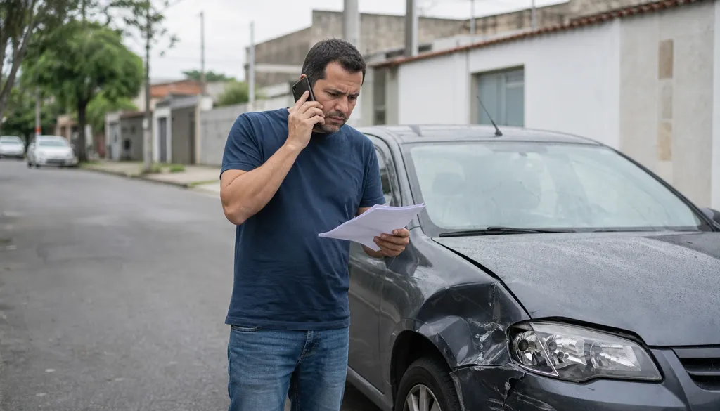 Homem ao telefone com a seguradora ao lado do carro batido