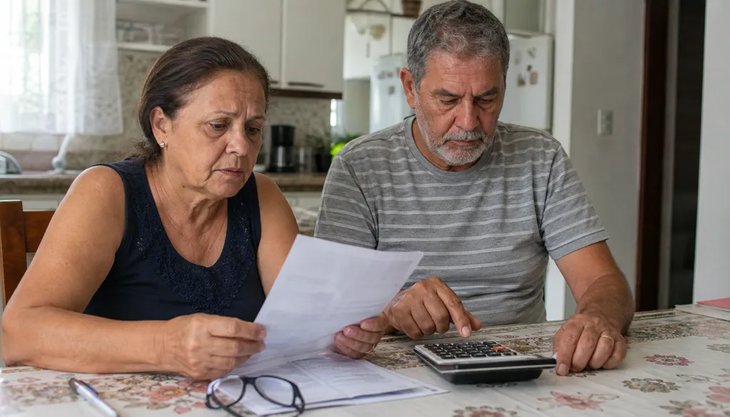 Casal confere a mensalidade do plano de saúde com uma calculadora
