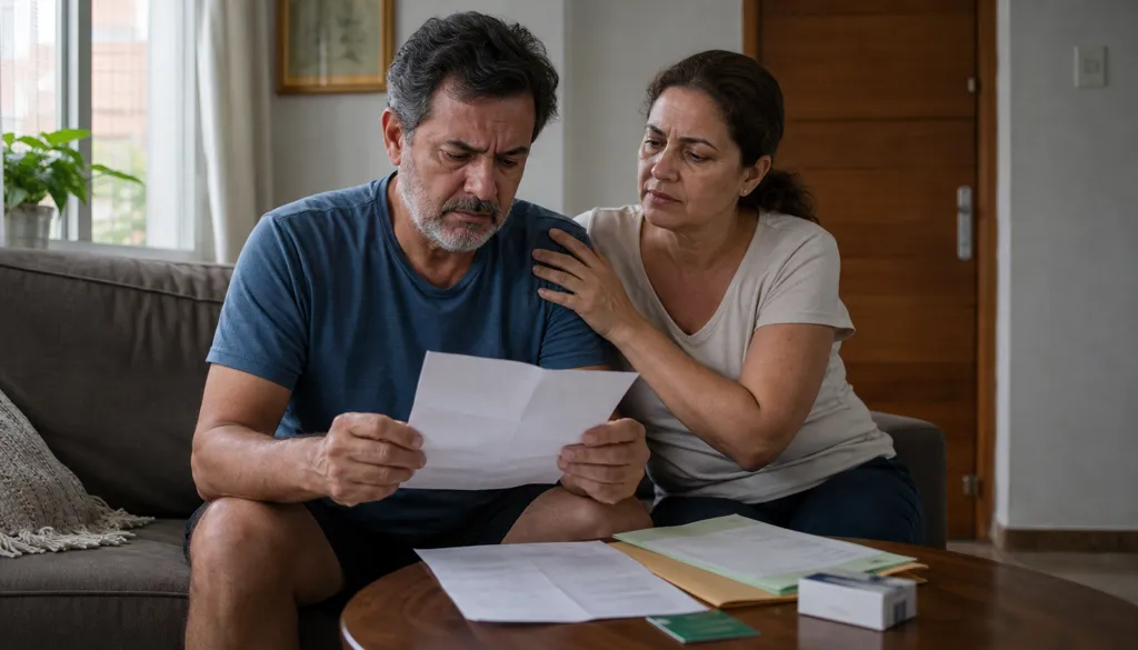Casal em casa lê carta do plano de saúde, com exames sobre a mesa