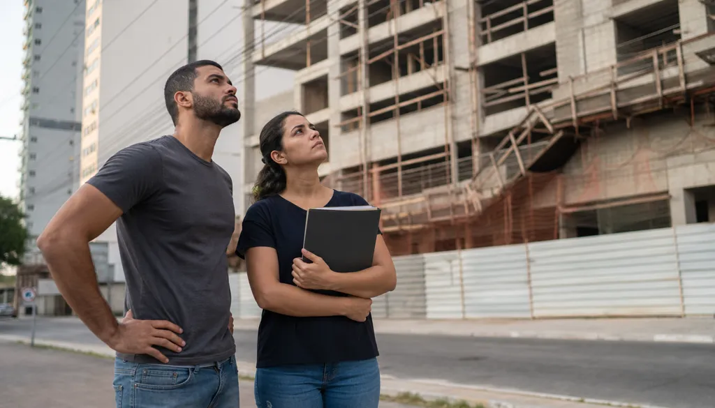 Casal na calçada olha prédio residencial ainda em obra