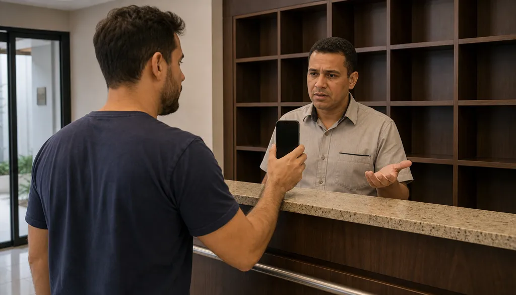 Morador mostra no celular a confirmação de entrega ao porteiro do prédio