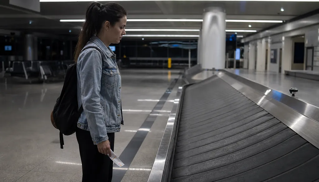 Passageira sozinha ao lado da esteira de bagagem vazia no aeroporto
