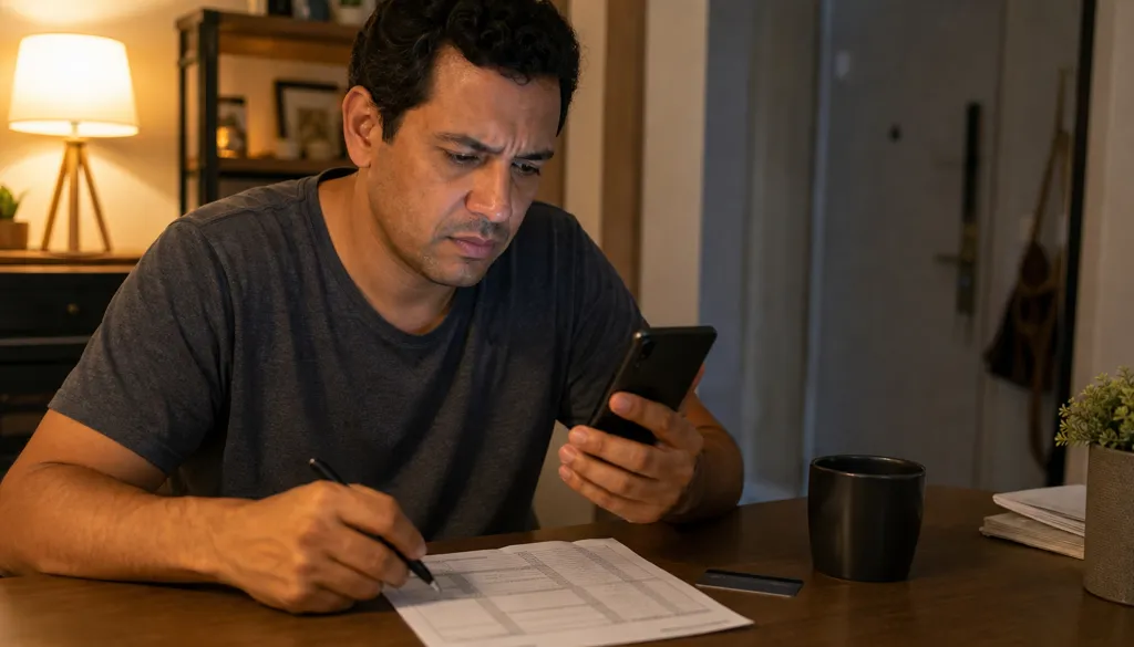 Homem confere a fatura do cartão de crédito com caneta e celular