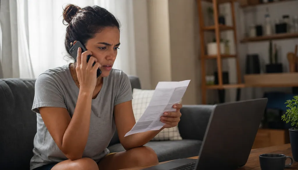 Mulher ao telefone com a operadora segura a fatura de telefone e internet