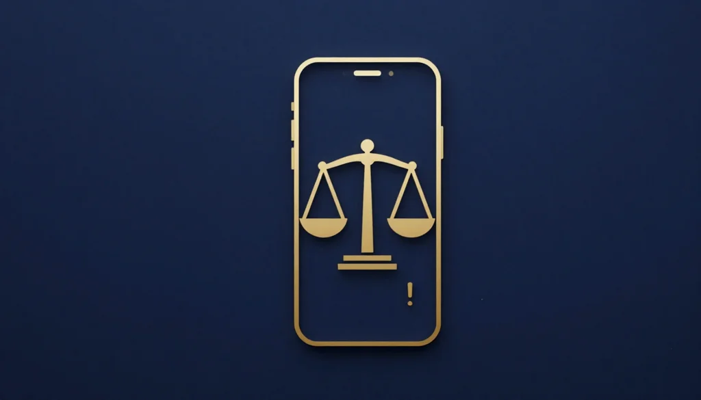 Smartphone com sinal de alerta integrado à balança da justiça em linhas douradas