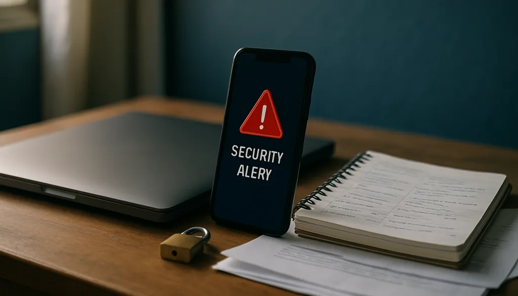 Notebook fechado ao lado de celular com tela de alerta de segurança, caderno de anotações, cadeado e documentos organizados sobre uma mesa