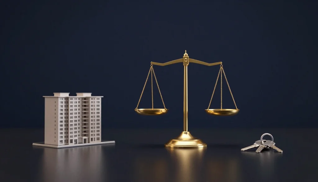 Maquete de prédio residencial e molho de chaves ao lado da balança da justiça em tons dourados