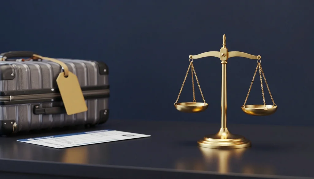 Mala com etiqueta de bagagem ao lado da balança da justiça em tons dourados