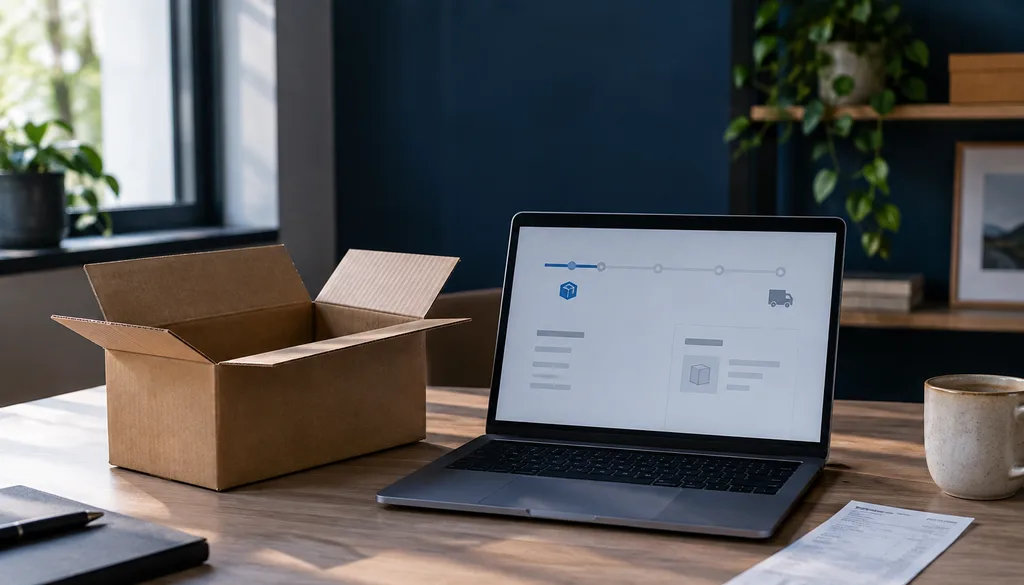 Caixa de entrega vazia ao lado de um notebook com a página de acompanhamento de pedido aberta
