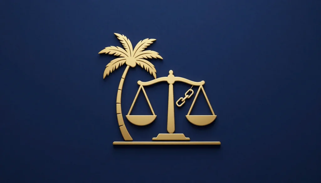 Resort com palmeira e corrente rompida integrados à balança da justiça em linhas douradas