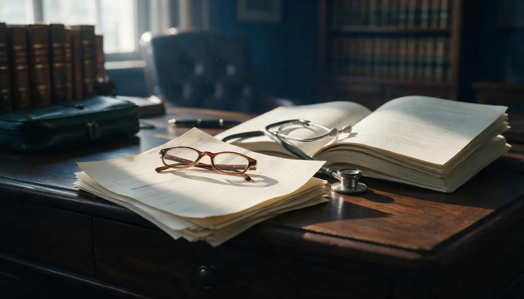 Fatura de plano de saúde sobre escrivaninha escura, ao lado de óculos de leitura e estetoscópio