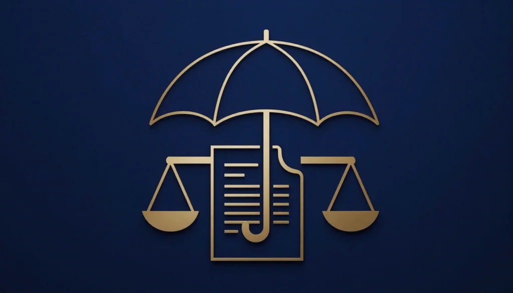 Guarda-chuva e apólice de seguro integrados à balança da justiça em linhas douradas