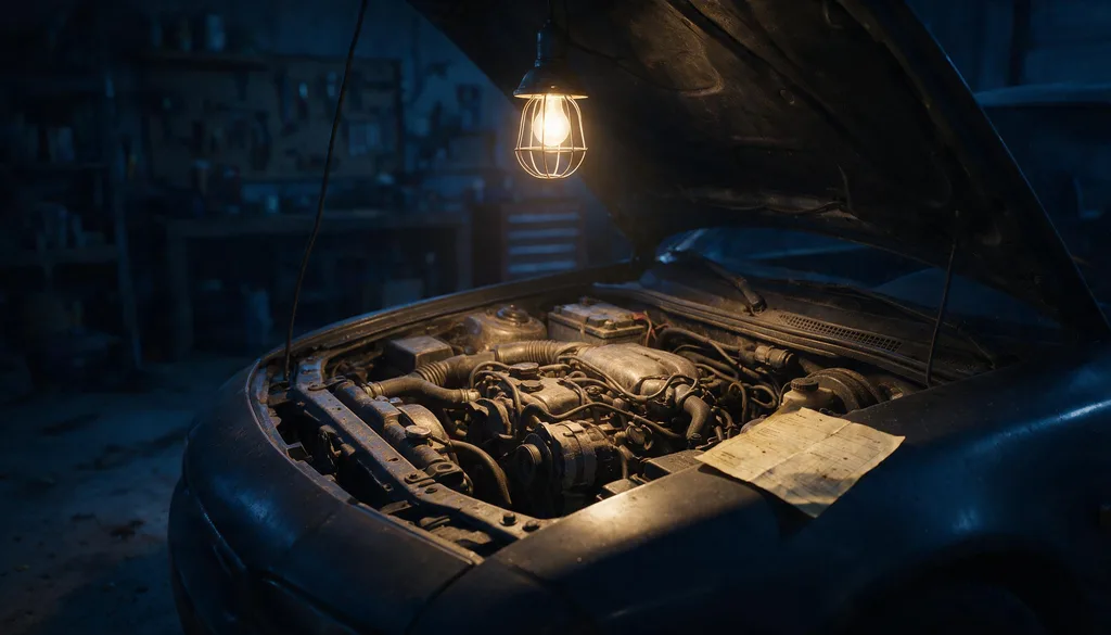 Capô de carro aberto em garagem, com luminária de mecânico acesa sobre o motor e um documento dobrado sobre o para-lama