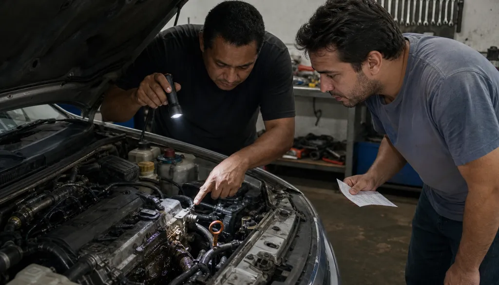 Mecânico ilumina com lanterna vazamento de óleo no motor de carro usado