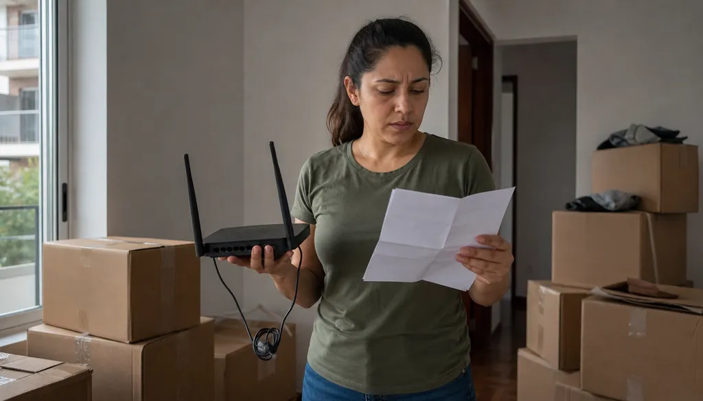 Mulher em mudança segura o roteador de internet e o contrato da operadora