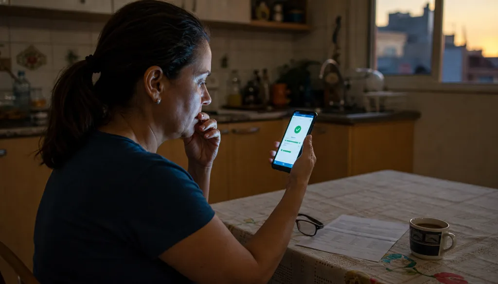 Mulher preocupada olha o aplicativo do banco no celular