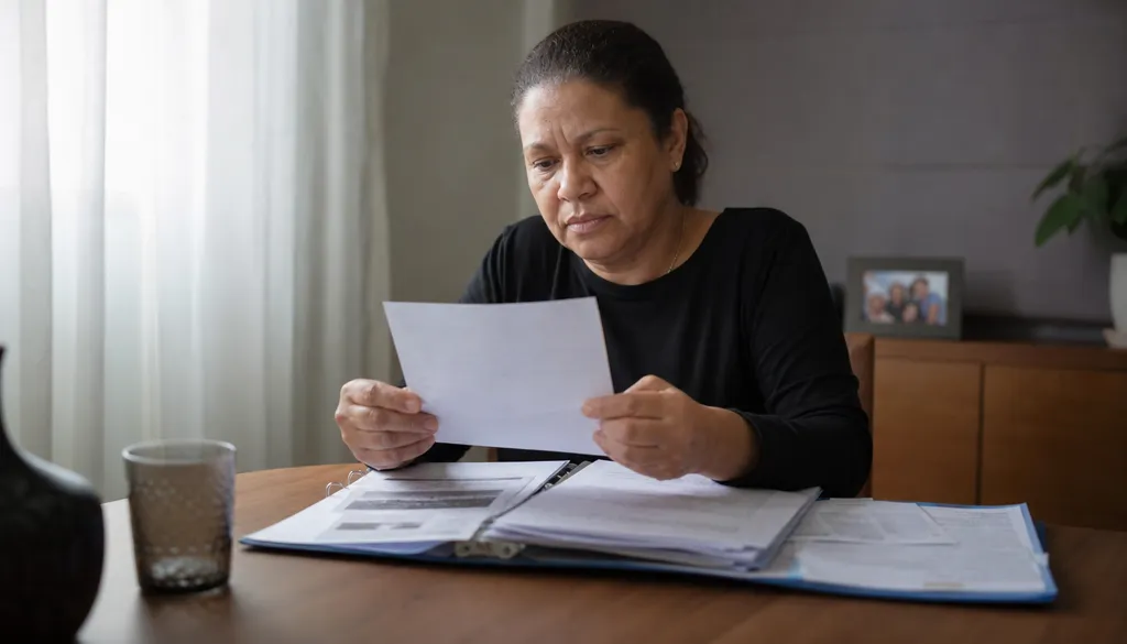 Mulher lê carta da seguradora com laudos médicos e apólice sobre a mesa