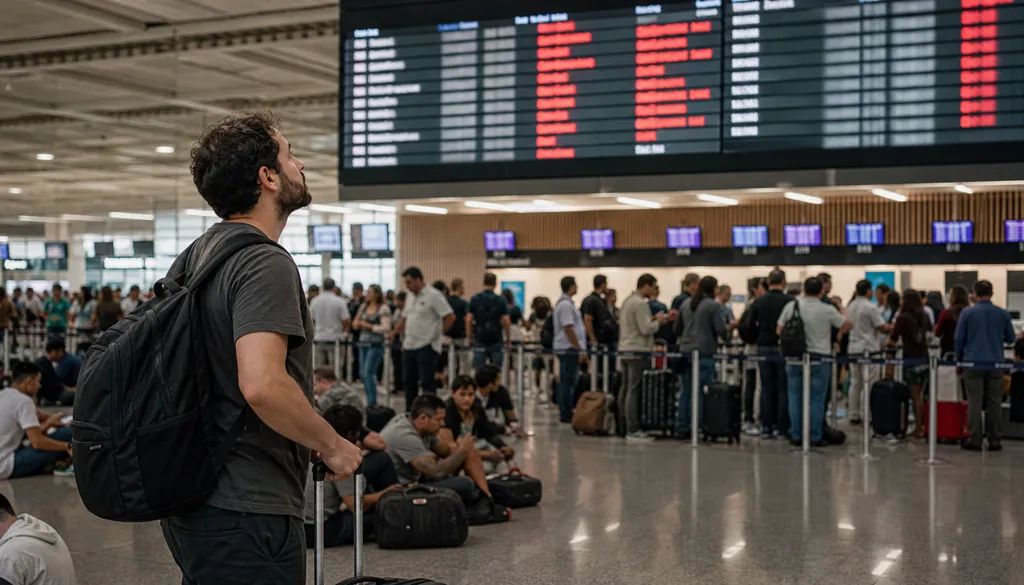 Passageiro com mala olha o painel de voos cancelados no aeroporto